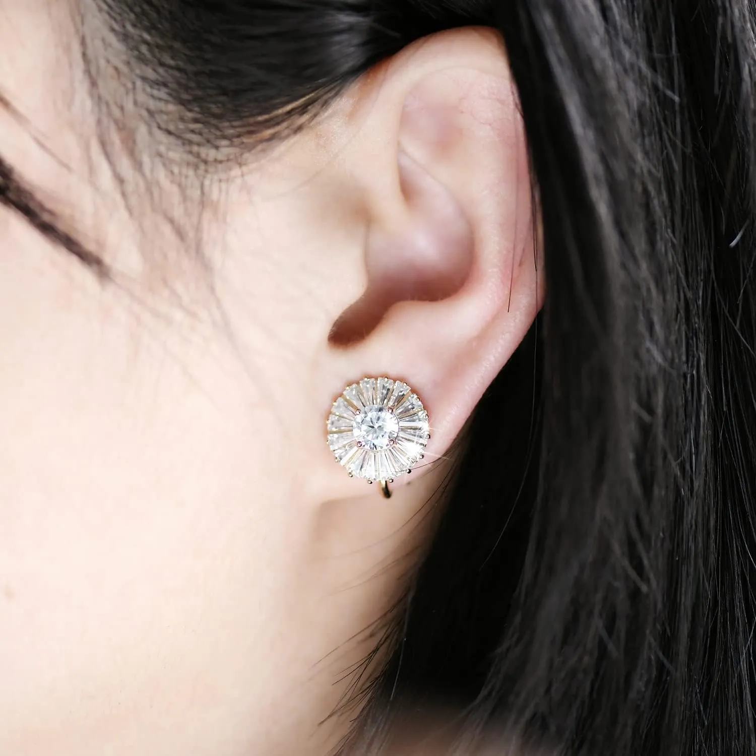 AllenCOCO 14K White Gold Plated CZ Halo Clip On Stud Earrings, Sparkling Round Cubic Zirconia Non Pierced Clip-Earrings For Women Girls