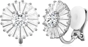 AllenCOCO 14K White Gold Plated CZ Halo Clip On Stud Earrings, Sparkling Round Cubic Zirconia Non Pierced Clip-Earrings For Women Girls