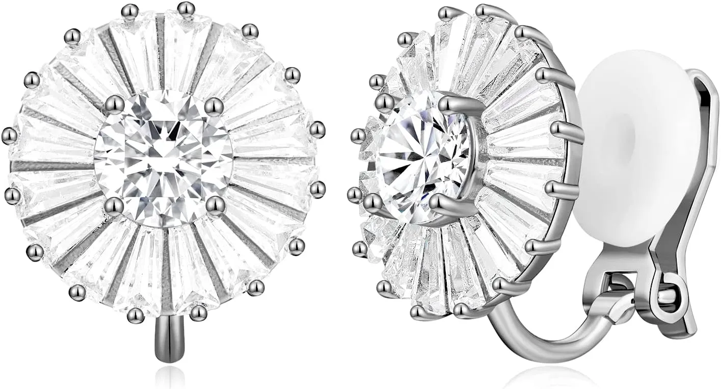 AllenCOCO 14K White Gold Plated CZ Halo Clip On Stud Earrings, Sparkling Round Cubic Zirconia Non Pierced Clip-Earrings For Women Girls