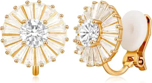 AllenCOCO 14K White Gold Plated CZ Halo Clip On Stud Earrings, Sparkling Round Cubic Zirconia Non Pierced Clip-Earrings For Women Girls
