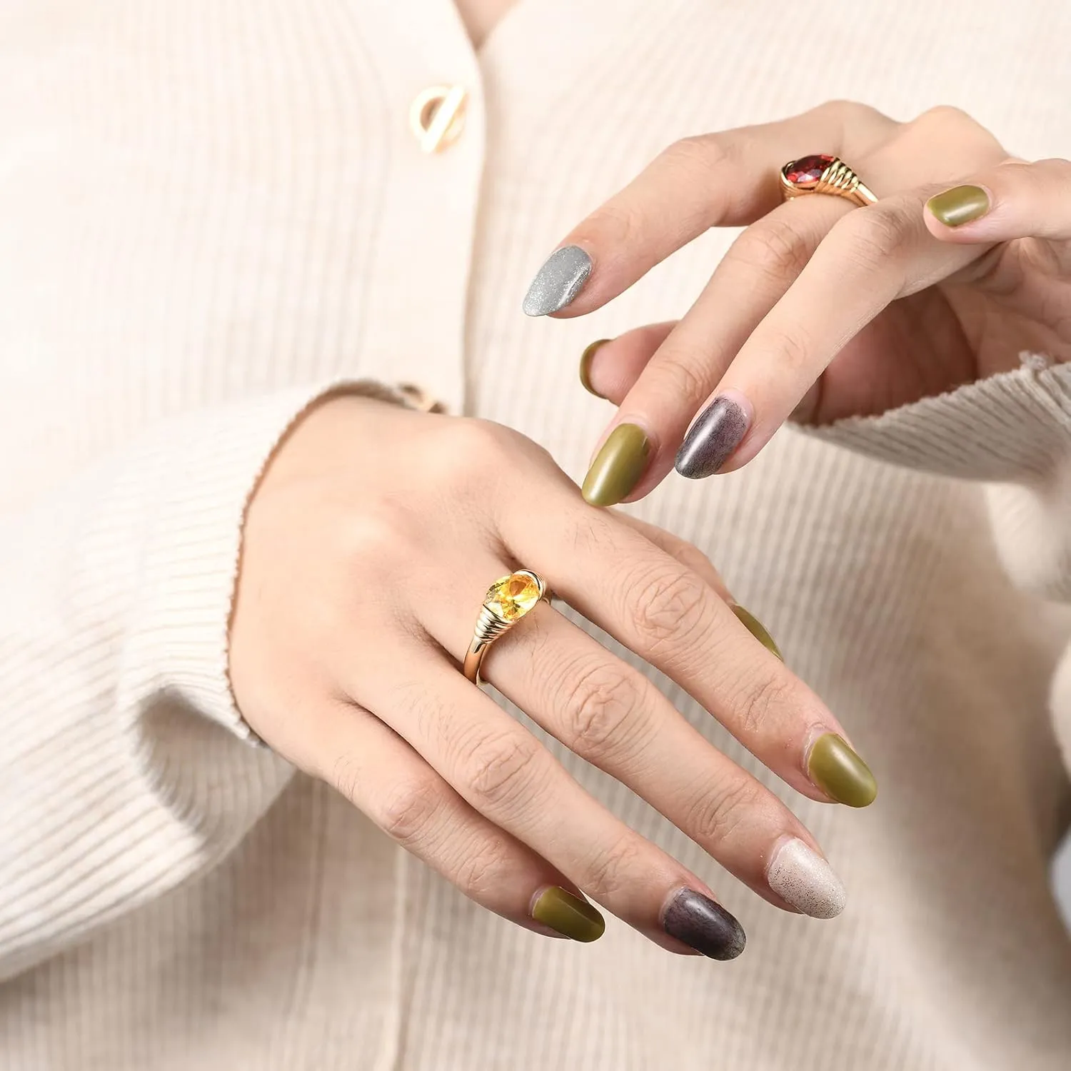 AllenCOCO Gold Ring for Women Trendy Gemstone Chunky Ring 18k Gold Plated Band Ring Signet Statement Ring