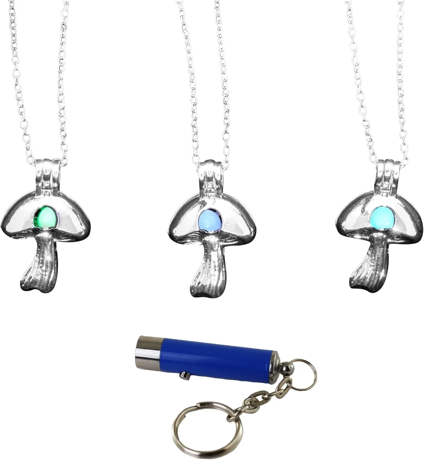 AlterImage Mushroom Glow in The Dark Necklaces 3 Pack Luminous Jewelry Green Blue & Sky Blue Includes UV Light