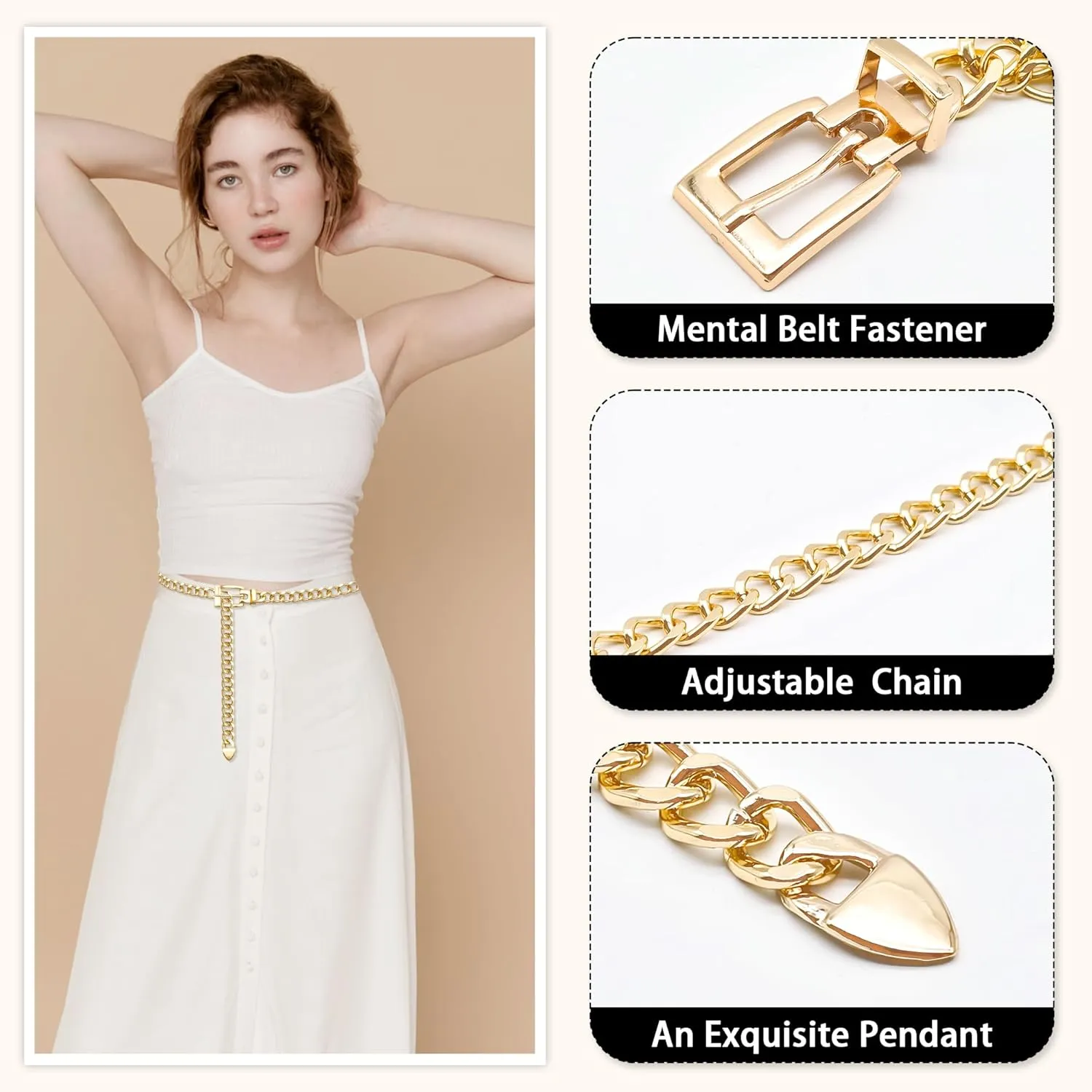 Ammiko Waist Chain Belt for Women Fashion Body Belly Link Belt Ring Metal Chain Belts for Jeans Dress Alloy Ladies