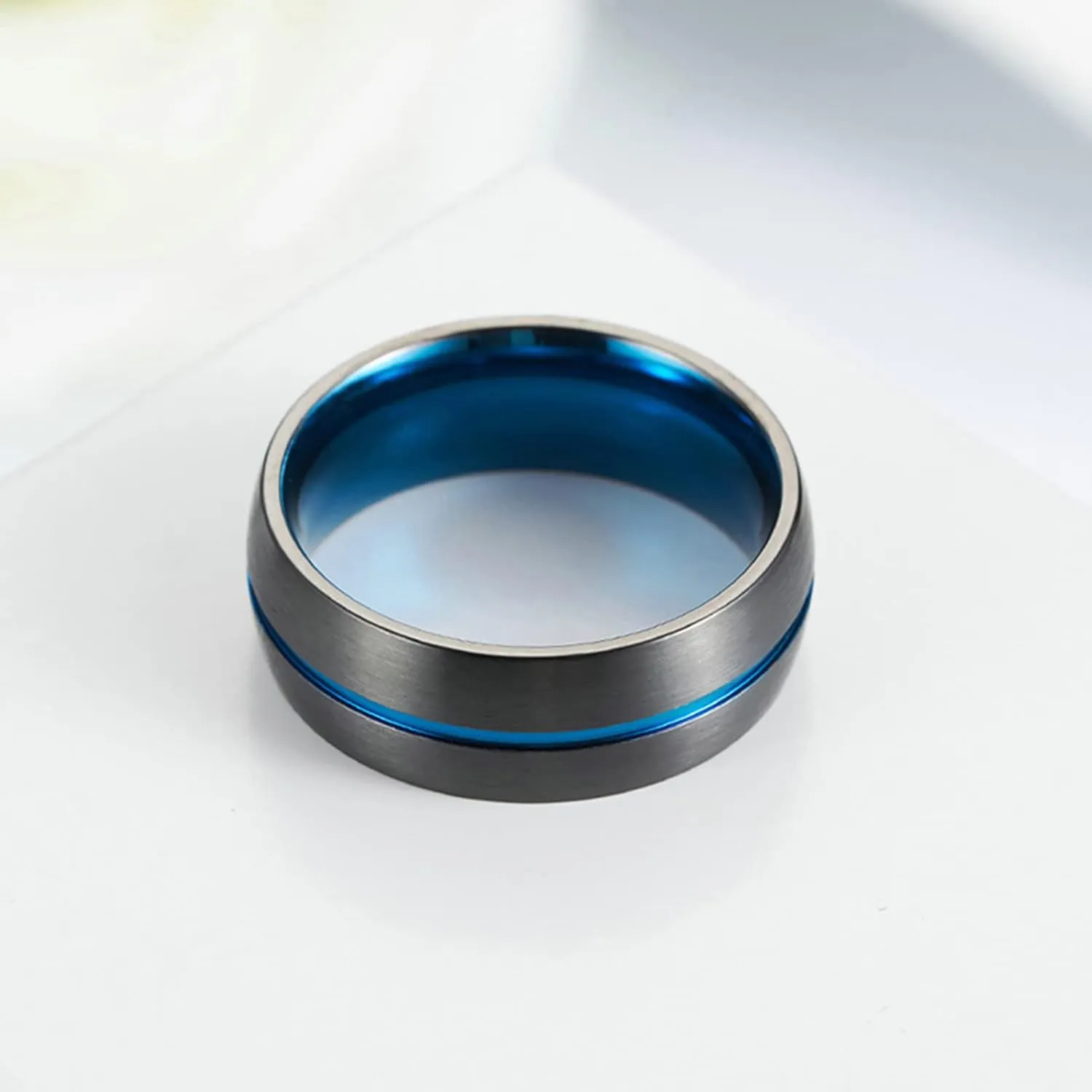 ANAZOZ His and Her Matching Promise Rings, Couple Engagement Rings Band 8MM Stainless Steel Blue Centre Groove Best Friend Rings Engraved