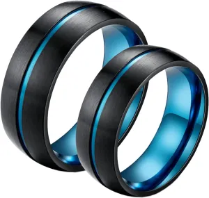 ANAZOZ His and Her Matching Promise Rings, Couple Engagement Rings Band 8MM Stainless Steel Blue Centre Groove Best Friend Rings Engraved