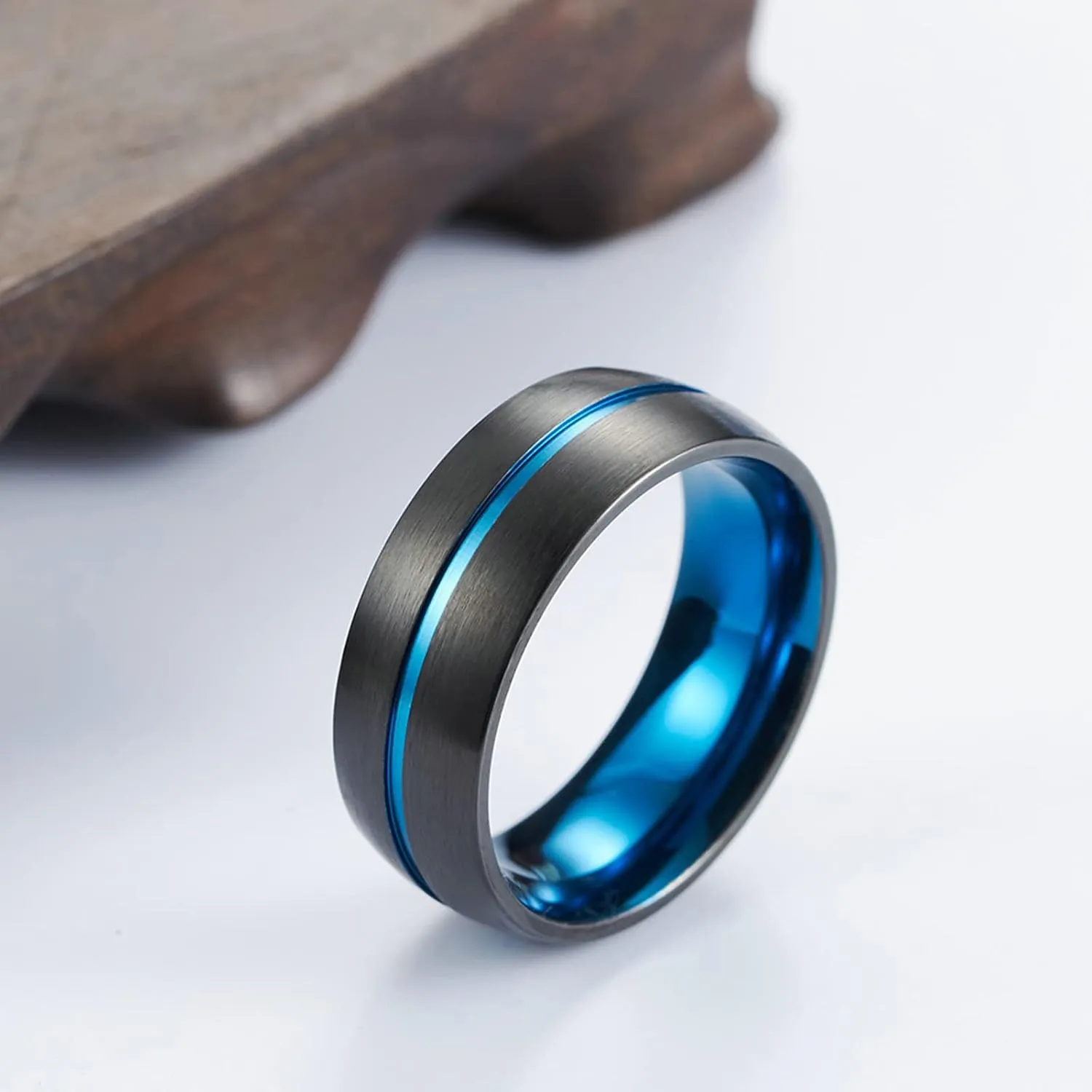 ANAZOZ His and Her Matching Promise Rings, Couple Engagement Rings Band 8MM Stainless Steel Blue Centre Groove Best Friend Rings Engraved