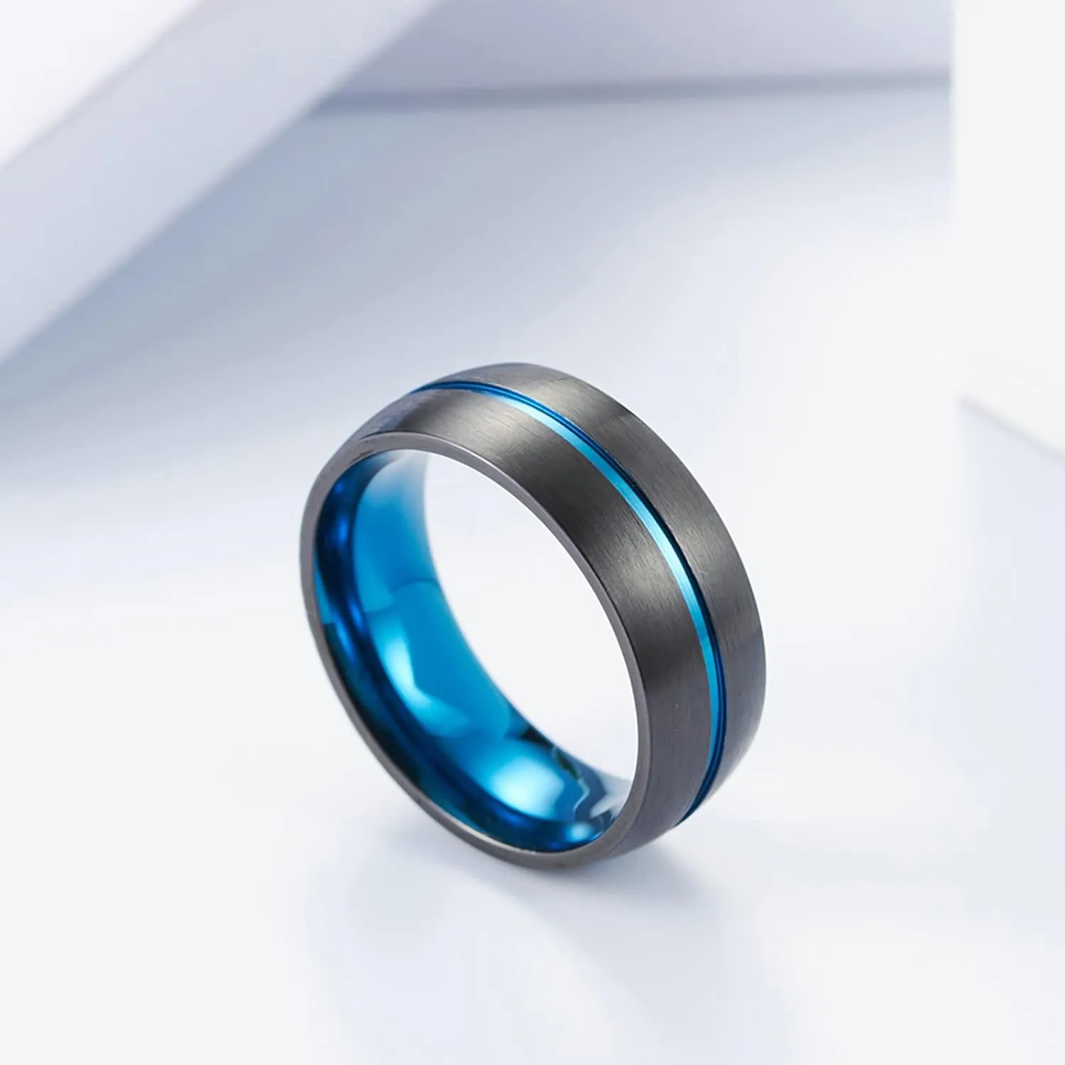 ANAZOZ His and Her Matching Promise Rings, Couple Engagement Rings Band 8MM Stainless Steel Blue Centre Groove Best Friend Rings Engraved