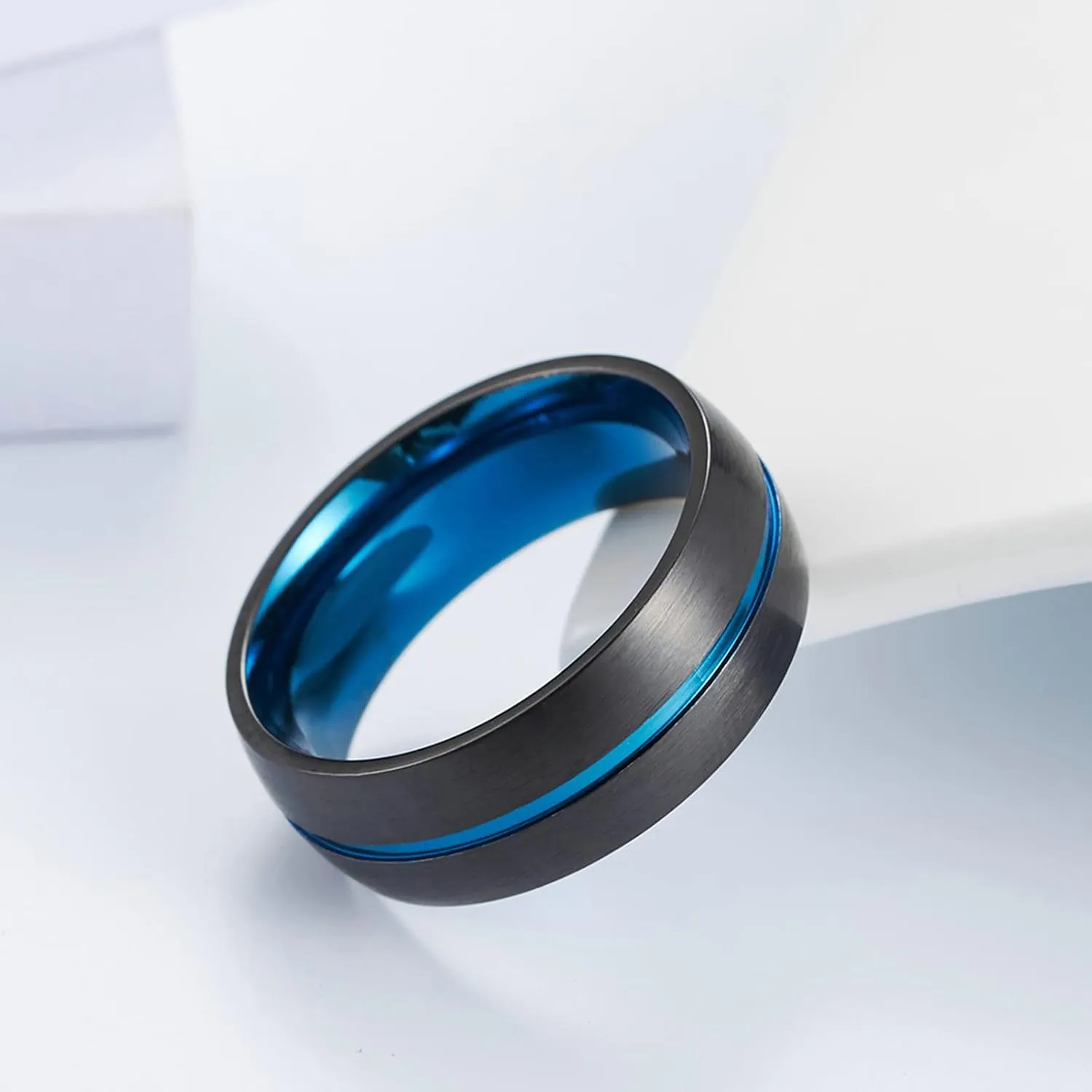 ANAZOZ His and Her Matching Promise Rings, Couple Engagement Rings Band 8MM Stainless Steel Blue Centre Groove Best Friend Rings Engraved