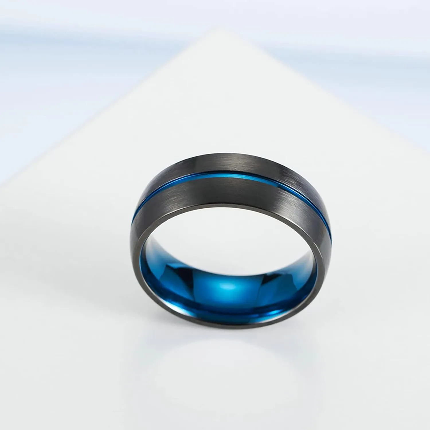 ANAZOZ His and Her Matching Promise Rings, Couple Engagement Rings Band 8MM Stainless Steel Blue Centre Groove Best Friend Rings Engraved