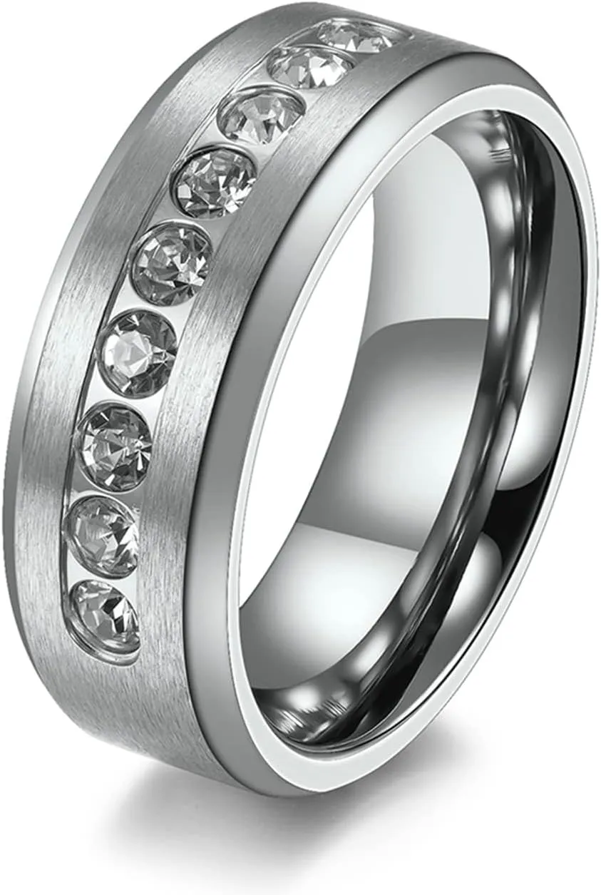ANAZOZ Men and Women Wedding Bands Sets, Stainless Steel 8MM Brushed Couple Rings Engraved Silver with Cubic Zirconia