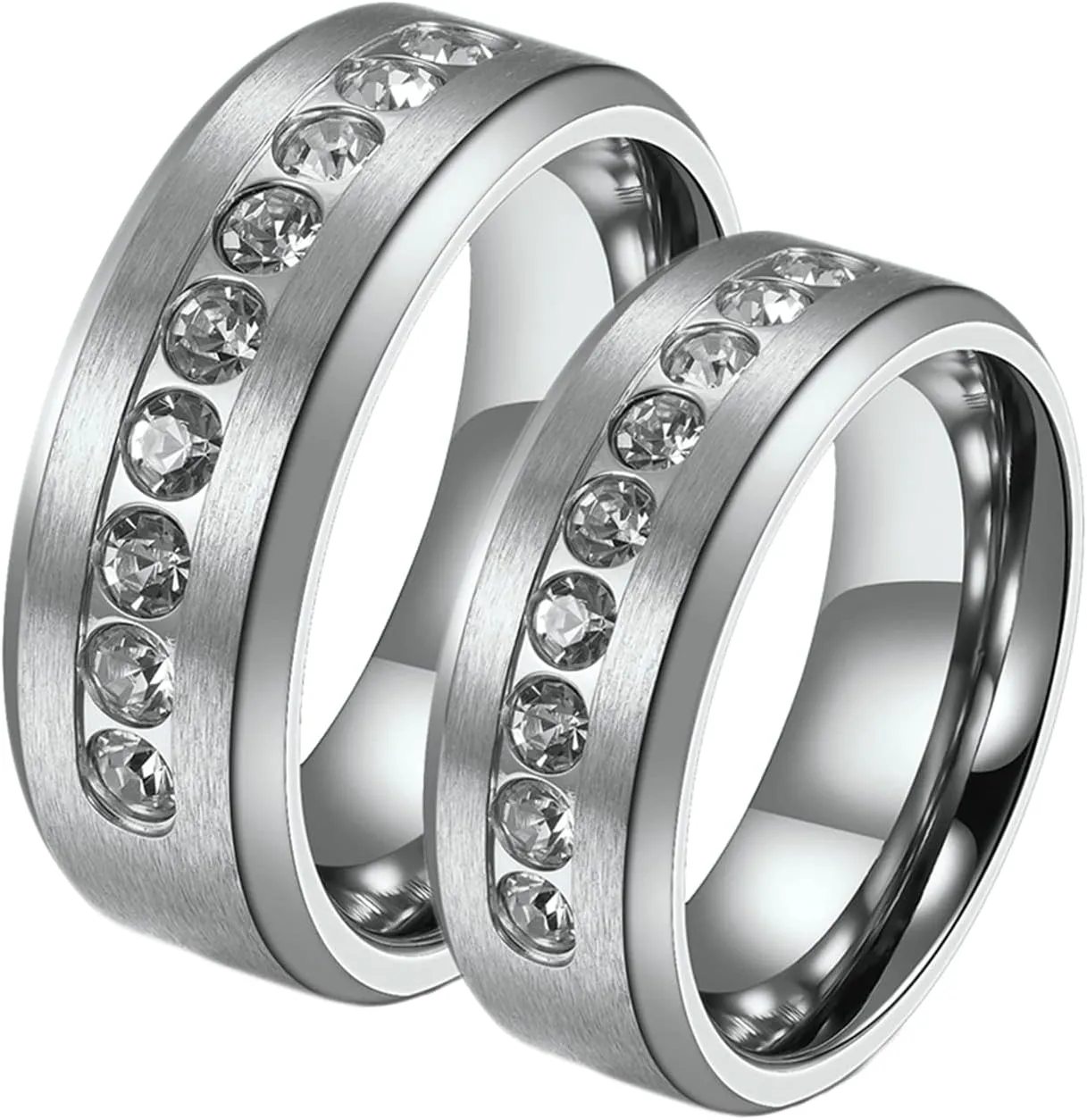 ANAZOZ Men and Women Wedding Bands Sets, Stainless Steel 8MM Brushed Couple Rings Engraved Silver with Cubic Zirconia