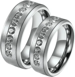 ANAZOZ Men and Women Wedding Bands Sets, Stainless Steel 8MM Brushed Couple Rings Engraved Silver with Cubic Zirconia