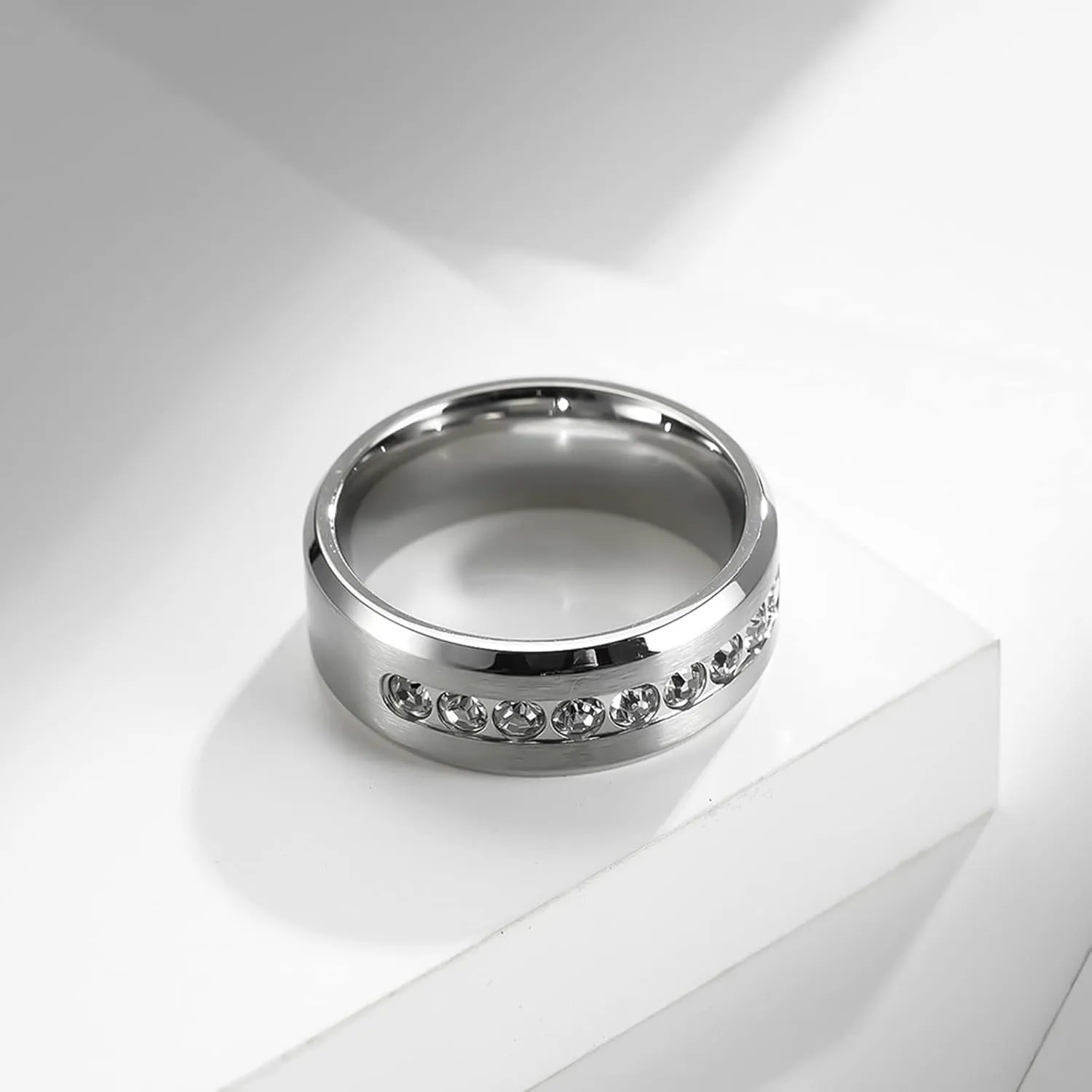 ANAZOZ Men and Women Wedding Bands Sets, Stainless Steel 8MM Brushed Couple Rings Engraved Silver with Cubic Zirconia