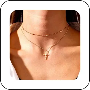 Andelaisi Boho Cross Pendant Necklace Chain Layered Jesus Cross Necklace Choker Gold Cross Chain Necklace Vintage Crucifix Necklaces Religious Jewelry for Women