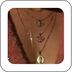 Andelaisi Boho Layered Coin Necklace Chain Oval Virgin Mary Pendant Necklace Gold Figaro Chain Choker Necklaces Rhinestone Love Heart Necklace Chain Jewelry for Women