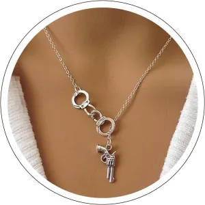 Andelaisi Punk Gun Pendant Necklaces Silver Revolver Pistol Necklace Chain Vintage Handcuff Necklace Choker Interlocking Circle Chain Necklace Jewelry for Women