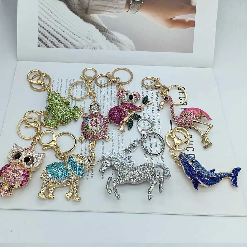 Animal Pendant Key Chains Ring Crystal Bling Turtle Whales Horse Elephants Koala Flamingos Owl Frogs Keychain for Women Girls
