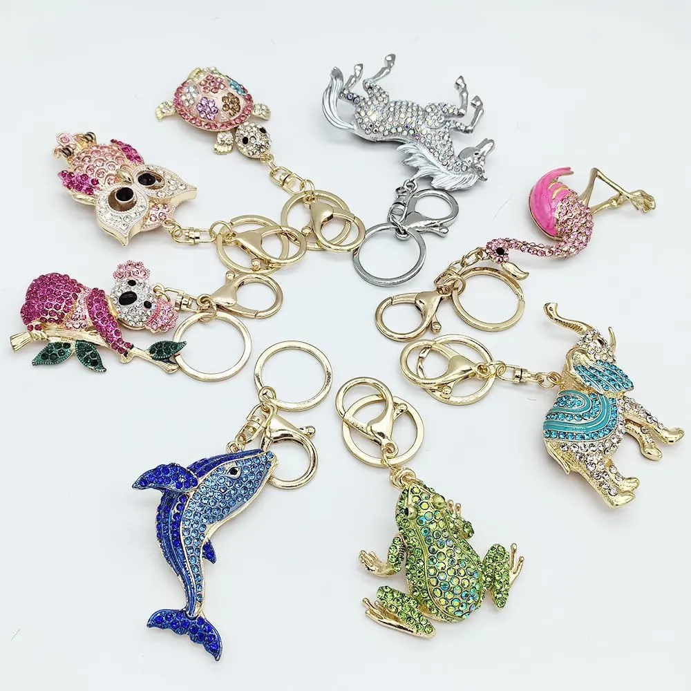Animal Pendant Key Chains Ring Crystal Bling Turtle Whales Horse Elephants Koala Flamingos Owl Frogs Keychain for Women Girls