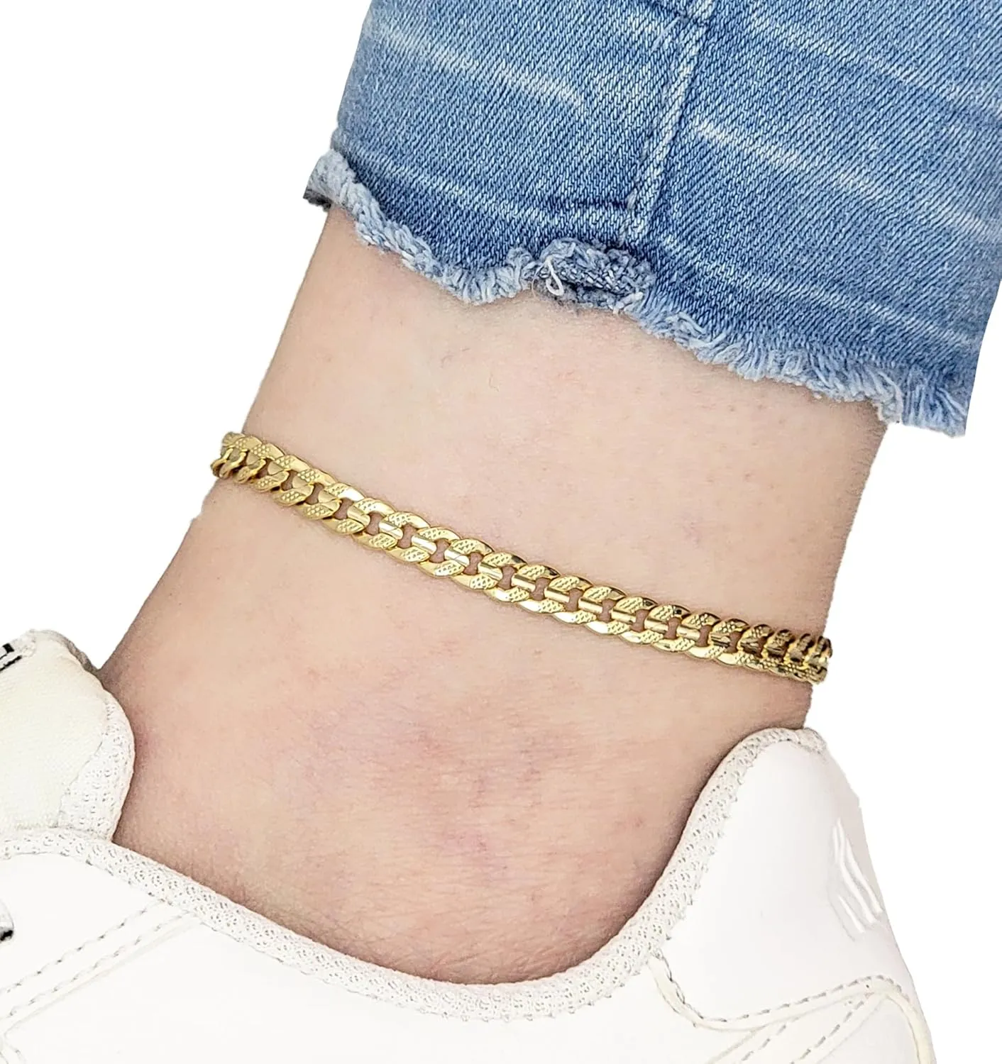 Anklet for Women Fits Petite to Plus Size in 8",9",10",11",12" Concave Textured Chain 14K Gold Plated Ankle Bracelet - Made in Korea