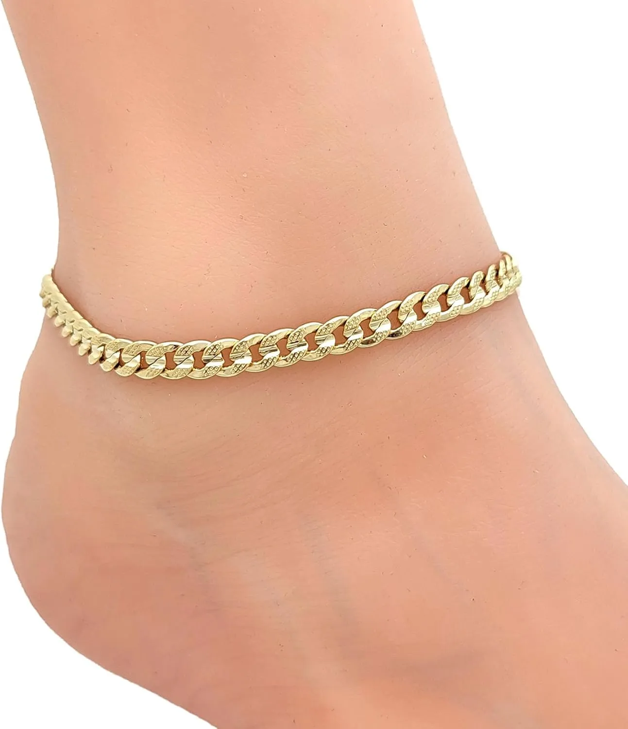 Anklet for Women Fits Petite to Plus Size in 8",9",10",11",12" Concave Textured Chain 14K Gold Plated Ankle Bracelet - Made in Korea