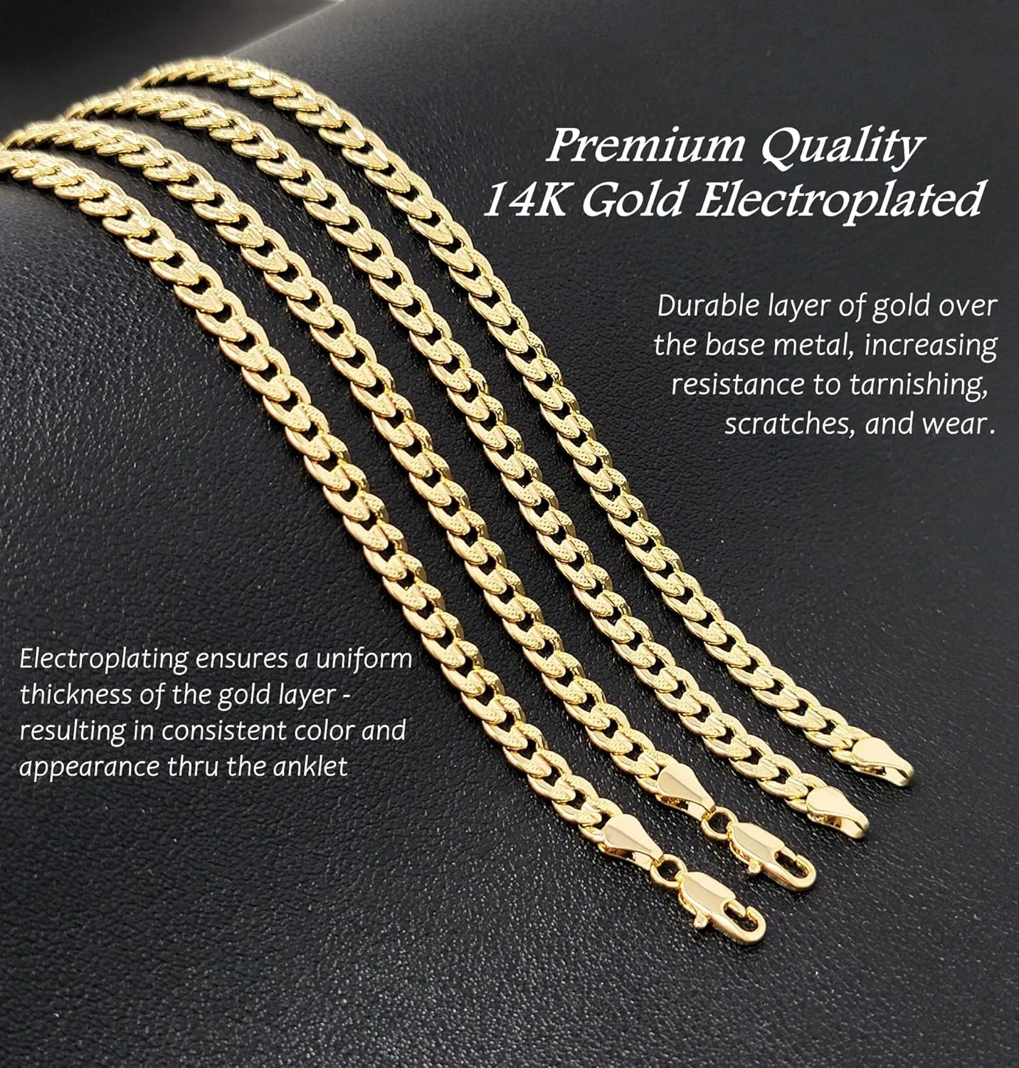 Anklet for Women Fits Petite to Plus Size in 8",9",10",11",12" Concave Textured Chain 14K Gold Plated Ankle Bracelet - Made in Korea