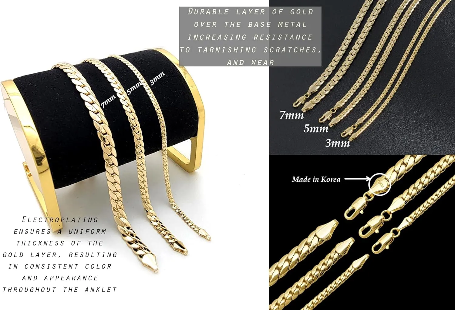 Anklet for Women Fits Petite to Plus Size in 8",9",10",11",12" Miami Cuban, Herringbone Chain 14K Gold Plated Ankle Bracelet - Made in Korea