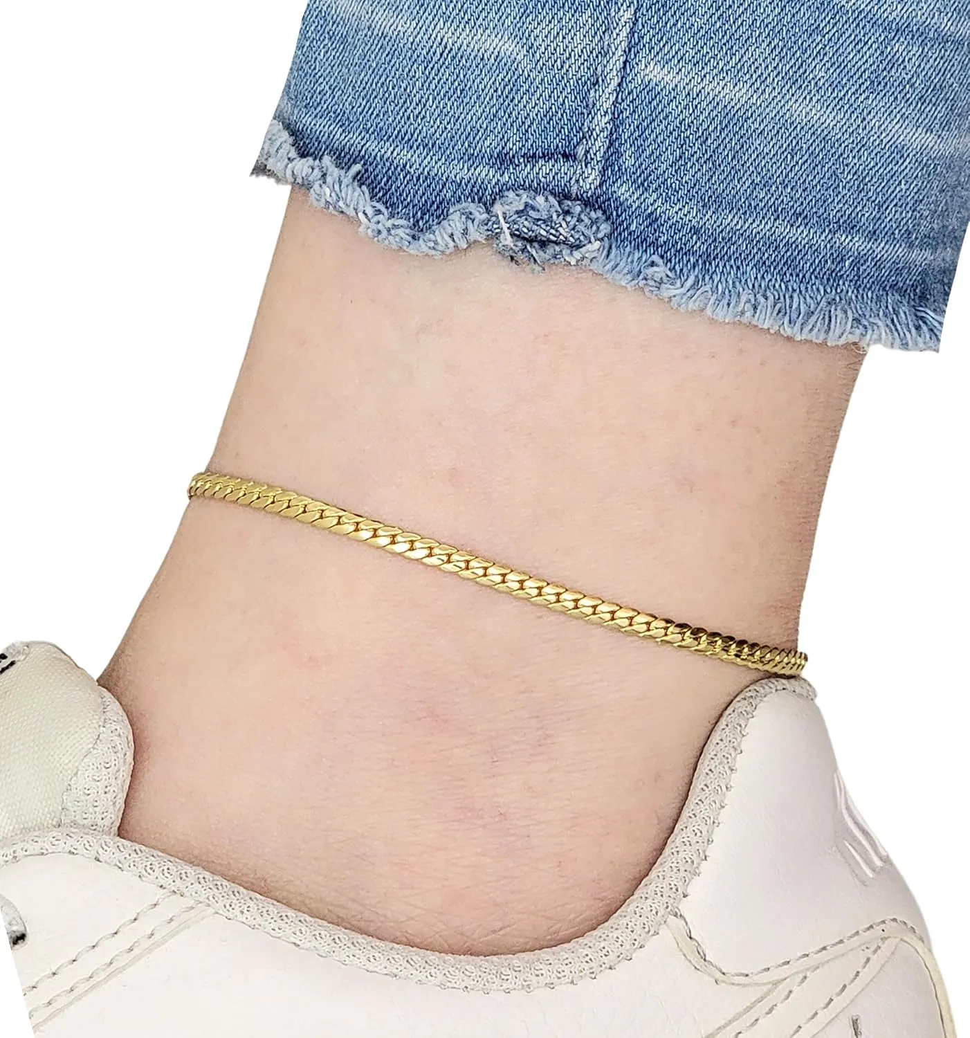 Anklet for Women Fits Petite to Plus Size in 8",9",10",11",12" Miami Cuban, Herringbone Chain 14K Gold Plated Ankle Bracelet - Made in Korea