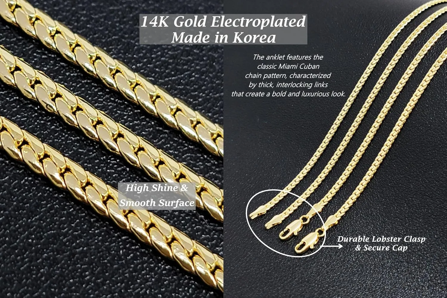 Anklet for Women Fits Petite to Plus Size in 8",9",10",11",12" Miami Cuban, Herringbone Chain 14K Gold Plated Ankle Bracelet - Made in Korea
