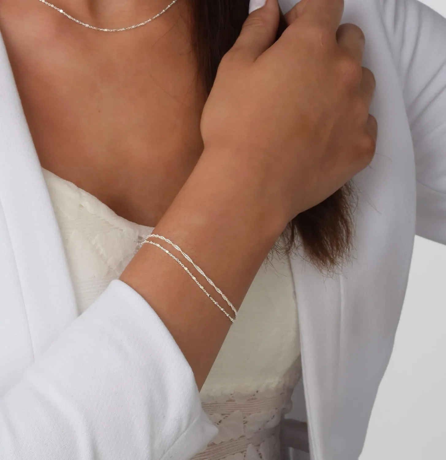 Annika Bella Double Strand Silver Bracelet, 6.5-7.5 Inches Hand Chain, Sterling Silver Bracelets for Women, Waterproof Jewelry for Women Teen (Twirl & Satellite Chains)