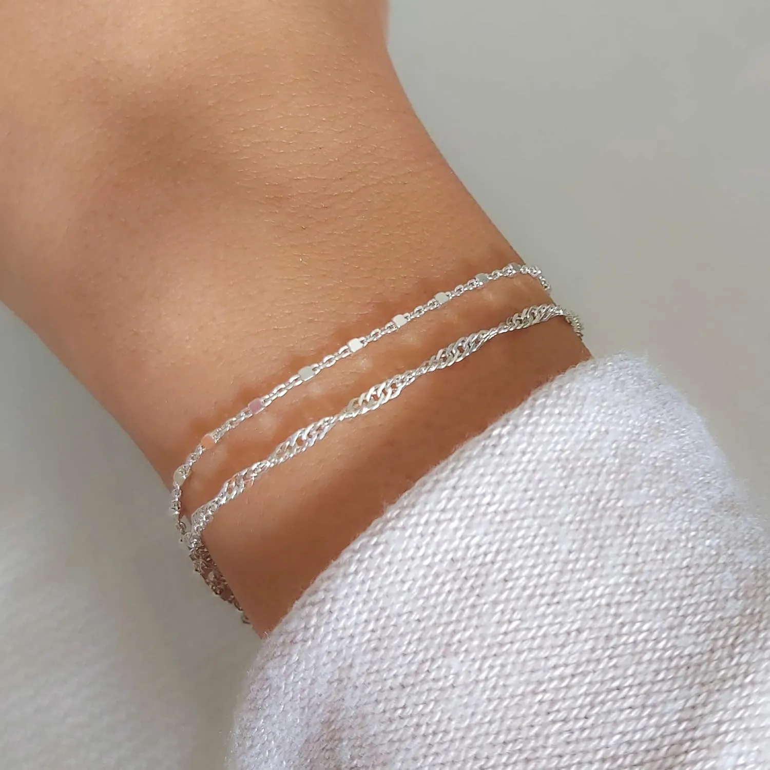 Annika Bella Double Strand Silver Bracelet, 6.5-7.5 Inches Hand Chain, Sterling Silver Bracelets for Women, Waterproof Jewelry for Women Teen (Twirl & Satellite Chains)