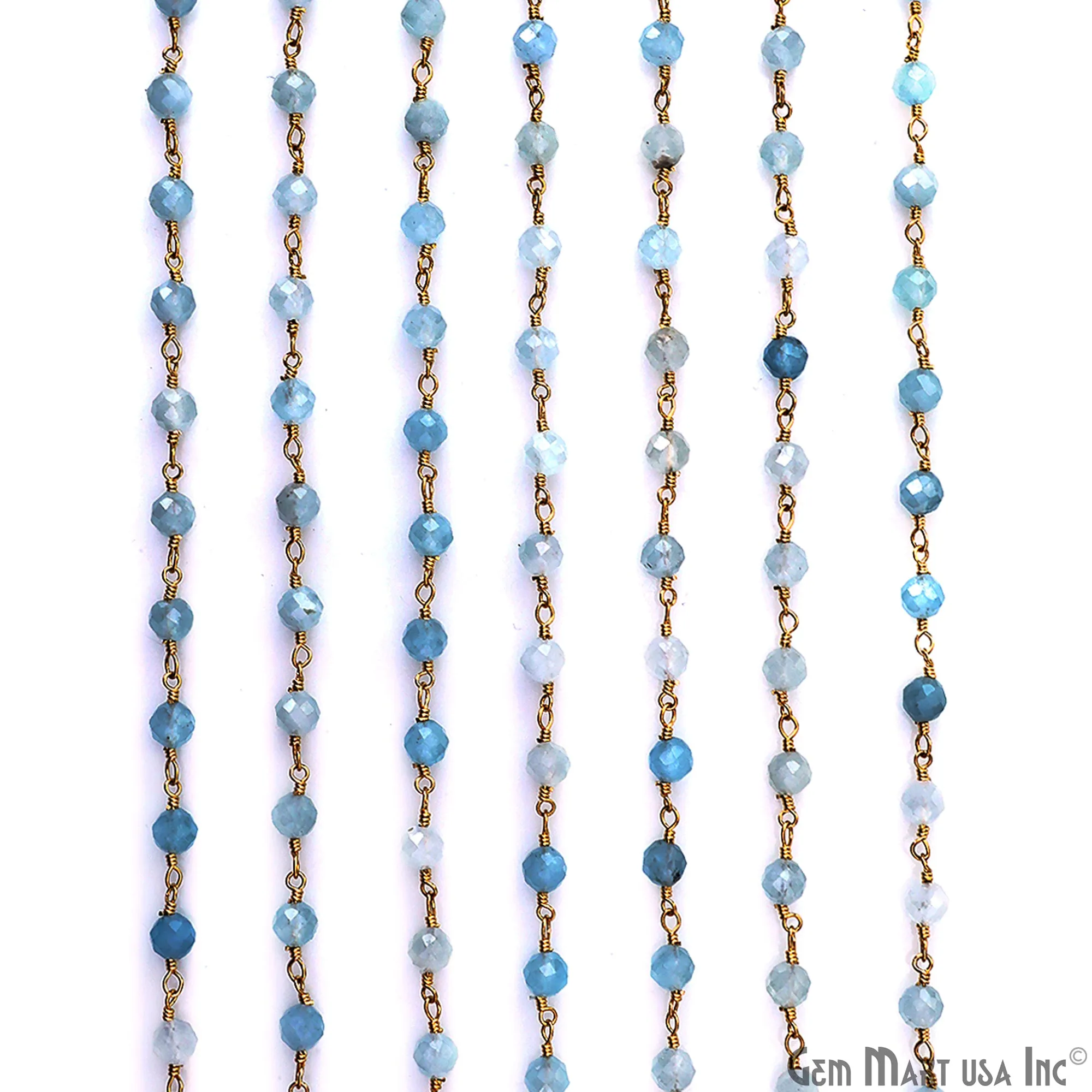 Aquamarine 4mm Gold Plated Wire Wrapped Gemstone Beads Rosary Chain