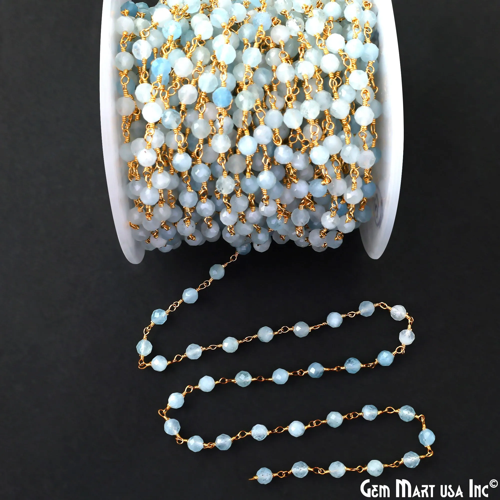 Aquamarine 4mm Gold Plated Wire Wrapped Gemstone Beads Rosary Chain