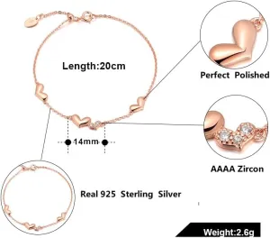 Averly Storiees RoseGold Plated Dainty Station Double Heart Charm Bracelet for Women Love Friendship Adjustable Link Chain Bracelet 6"   1.5" extender