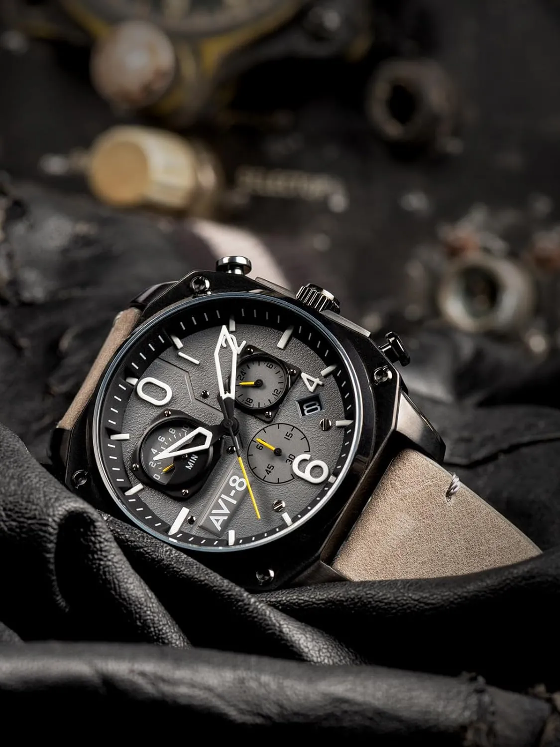 AVI-8 Mens 45mm Hawker Hunter Retrograde Chronograph Japanese Quartz Pilot Watch with Leather, Rubber or Stainless Steel Strap AV-4052