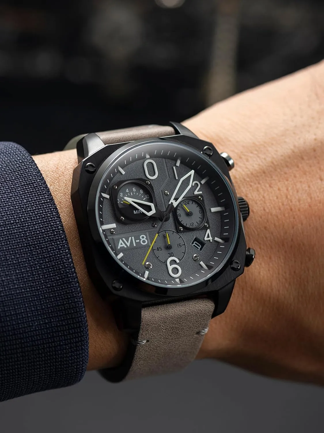 AVI-8 Mens 45mm Hawker Hunter Retrograde Chronograph Japanese Quartz Pilot Watch with Leather, Rubber or Stainless Steel Strap AV-4052