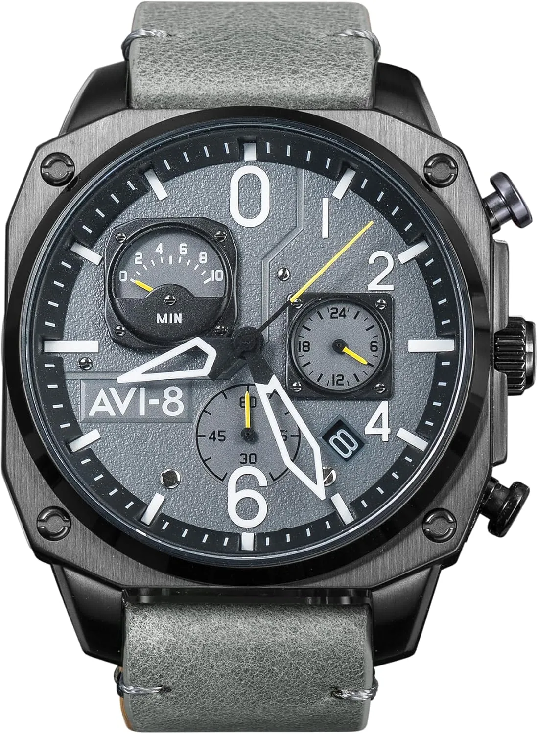 AVI-8 Mens 45mm Hawker Hunter Retrograde Chronograph Japanese Quartz Pilot Watch with Leather, Rubber or Stainless Steel Strap AV-4052