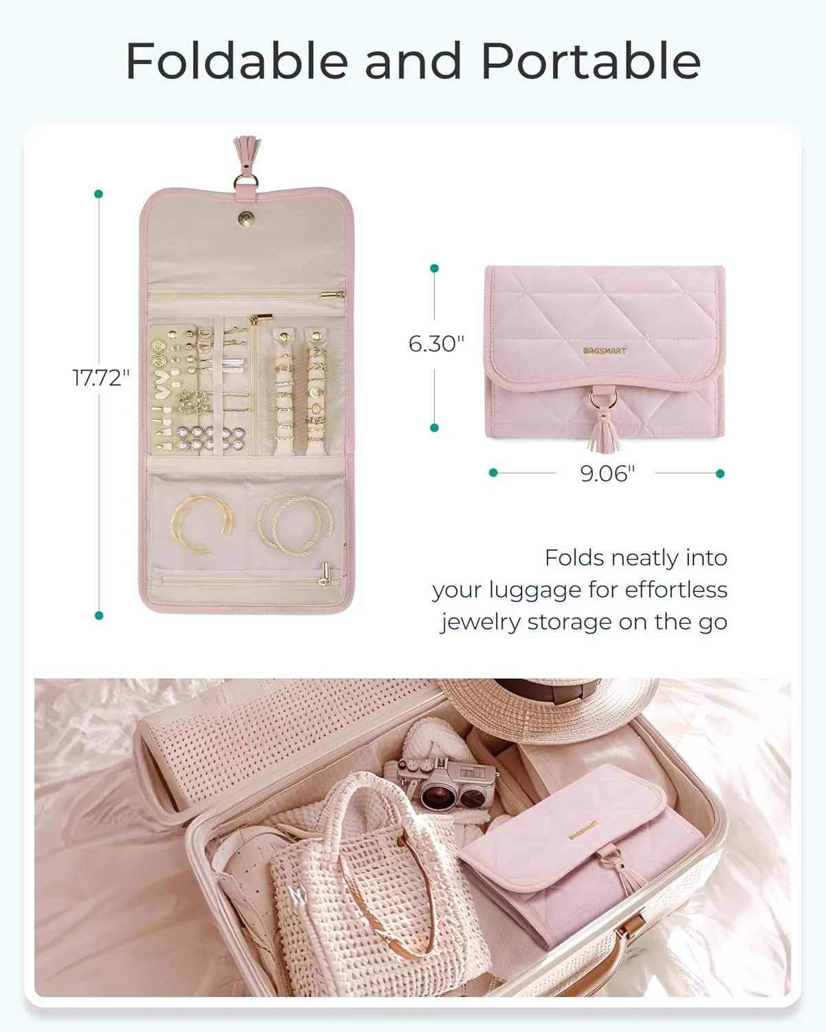 BAGSMART Travel Jewelry Case Organizer, Roll Foldable Jewelry Case for Journey-Rings, Necklaces, Earrings, Bracelets, Brooches, Portable Travel Essentials, Green