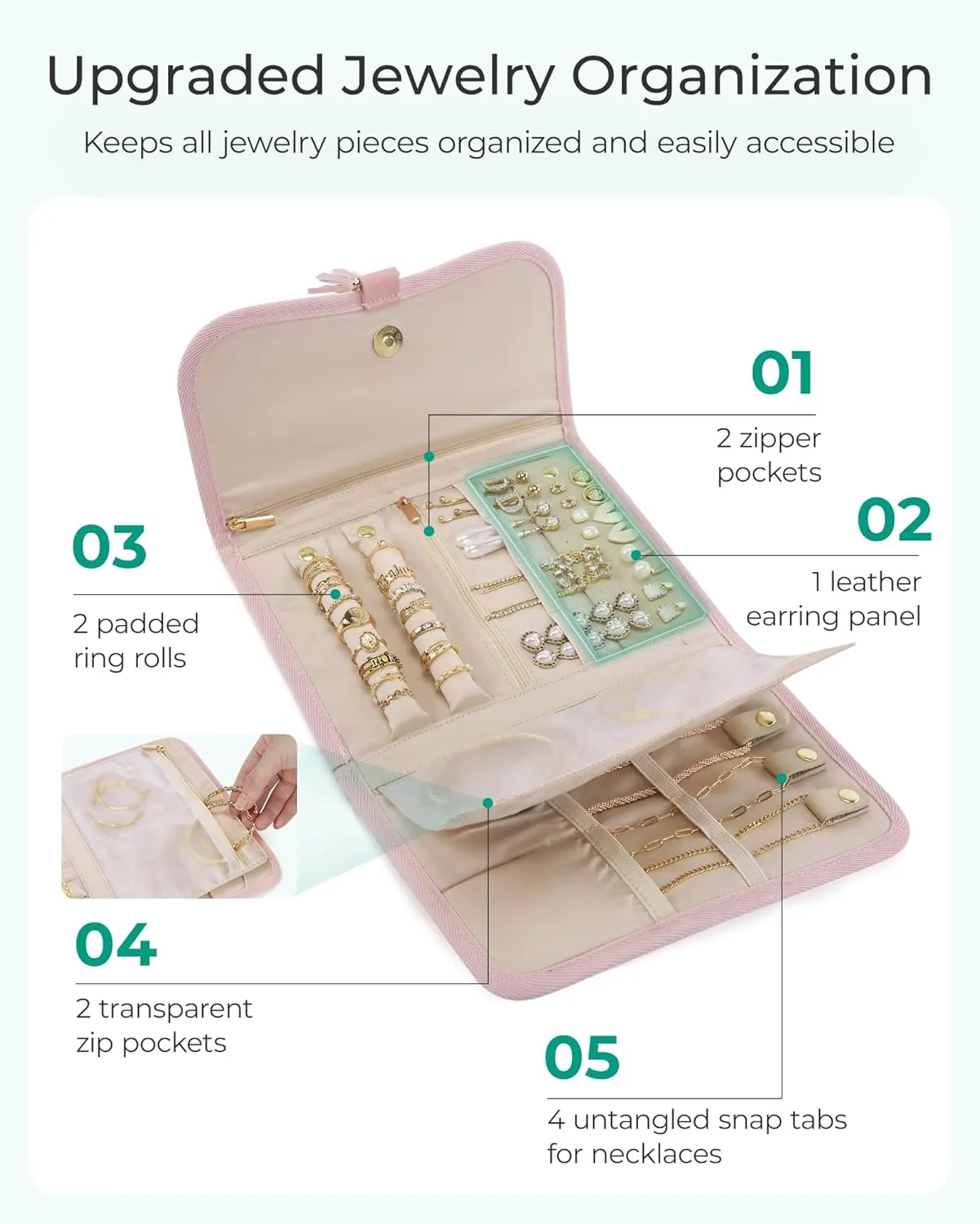 BAGSMART Travel Jewelry Case Organizer, Roll Foldable Jewelry Case for Journey-Rings, Necklaces, Earrings, Bracelets, Brooches, Portable Travel Essentials, Green