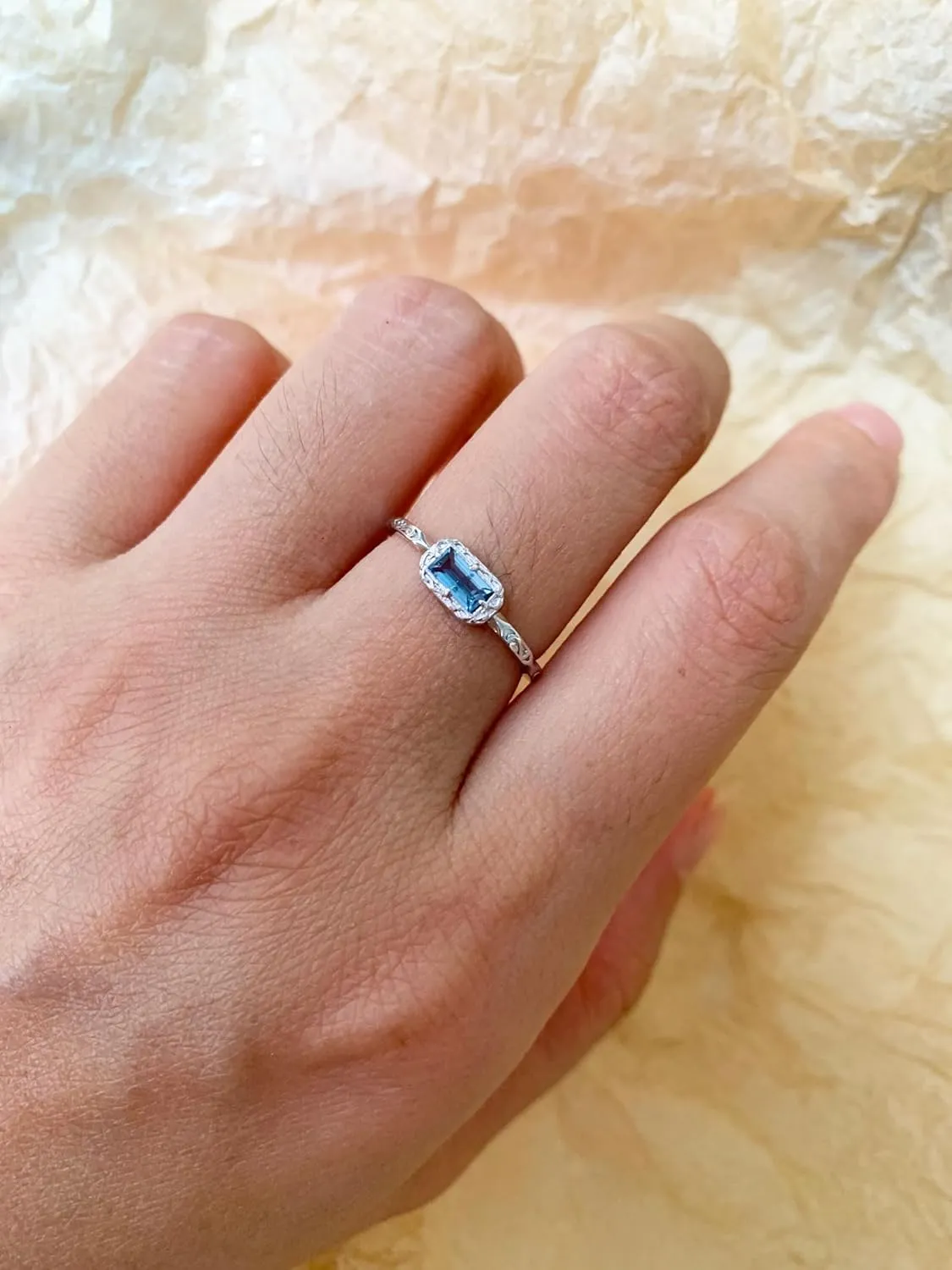 Baguette Wedding Band for Women Solitaire Cubic Zirconia Opal Pink Sapphire Moss Agate Stacking Rings Vintage Filigree Dainty Promise Rings Anniversary Jewelry
