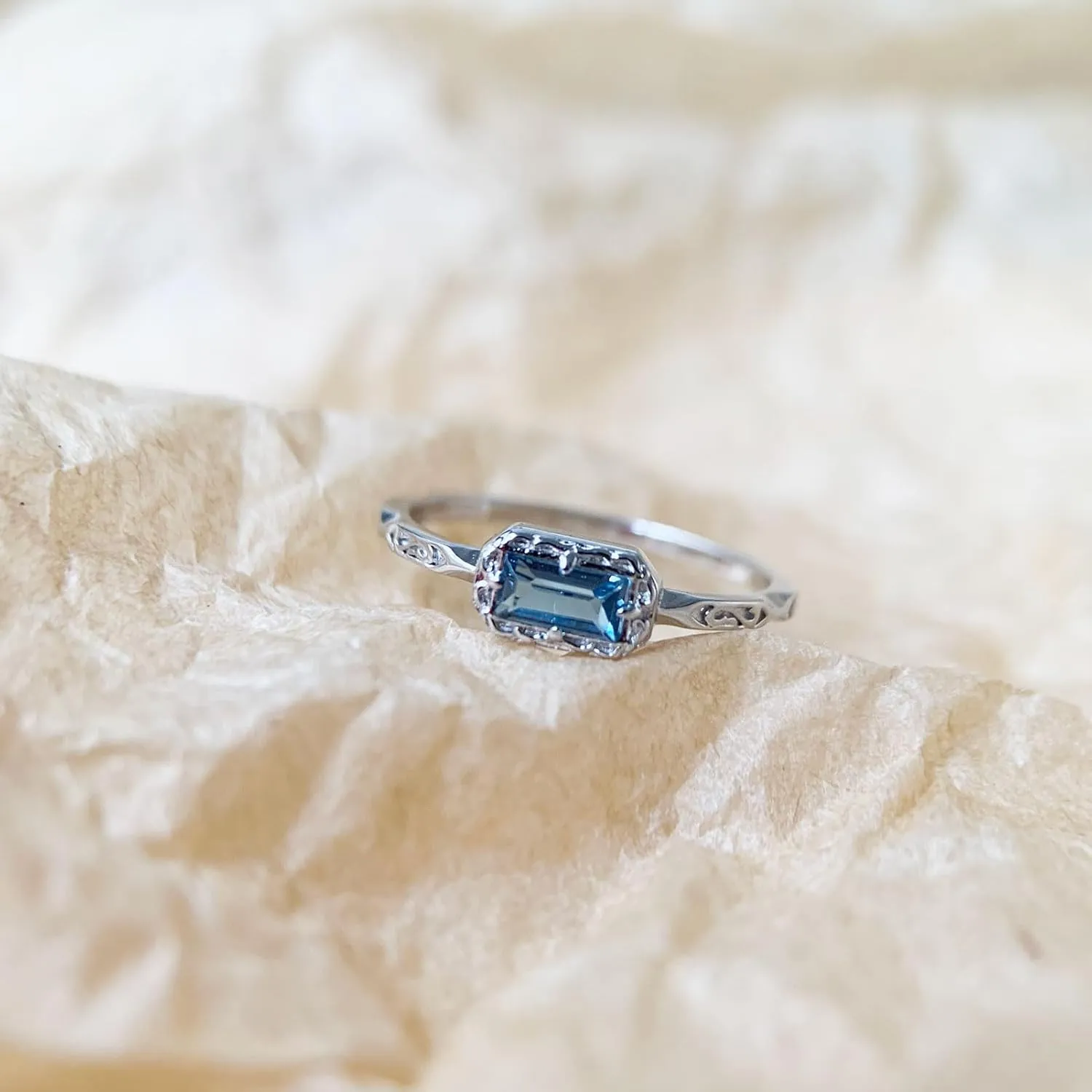 Baguette Wedding Band for Women Solitaire Cubic Zirconia Opal Pink Sapphire Moss Agate Stacking Rings Vintage Filigree Dainty Promise Rings Anniversary Jewelry