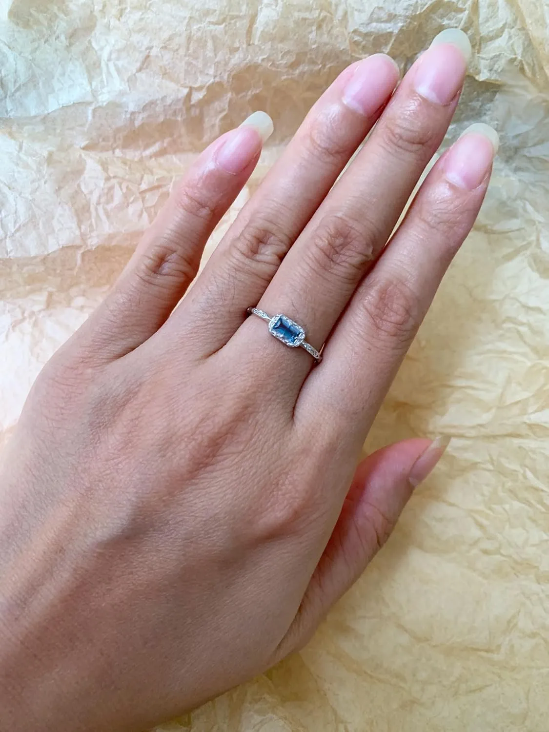 Baguette Wedding Band for Women Solitaire Cubic Zirconia Opal Pink Sapphire Moss Agate Stacking Rings Vintage Filigree Dainty Promise Rings Anniversary Jewelry