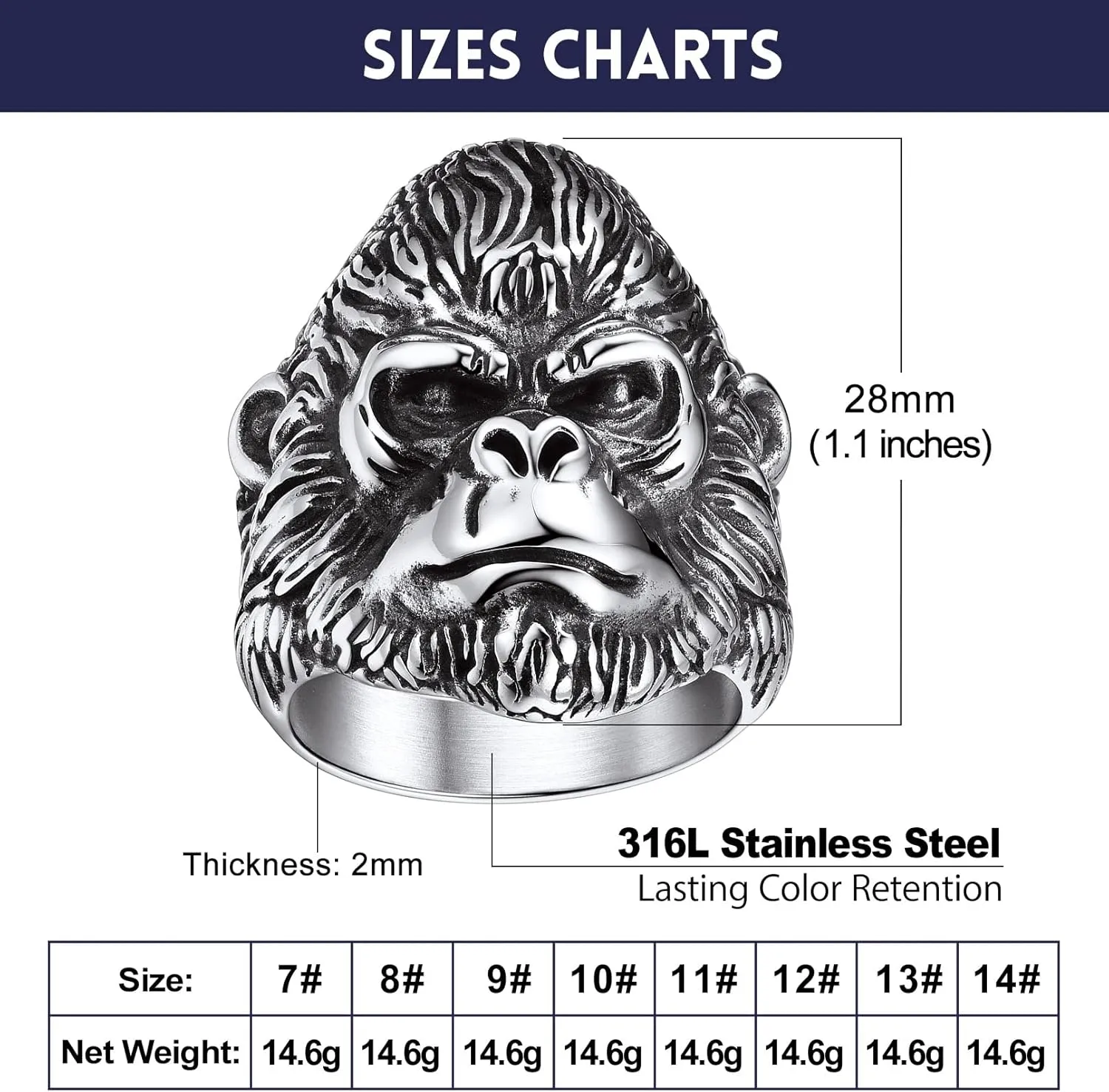 Bandmax Animal Rings for Men Women, Stainless Steel Retro Style Gorilla/Dragon/Snake/Plague Doctor Ring Gothic Punk Hip Hop Rings Size 7-14