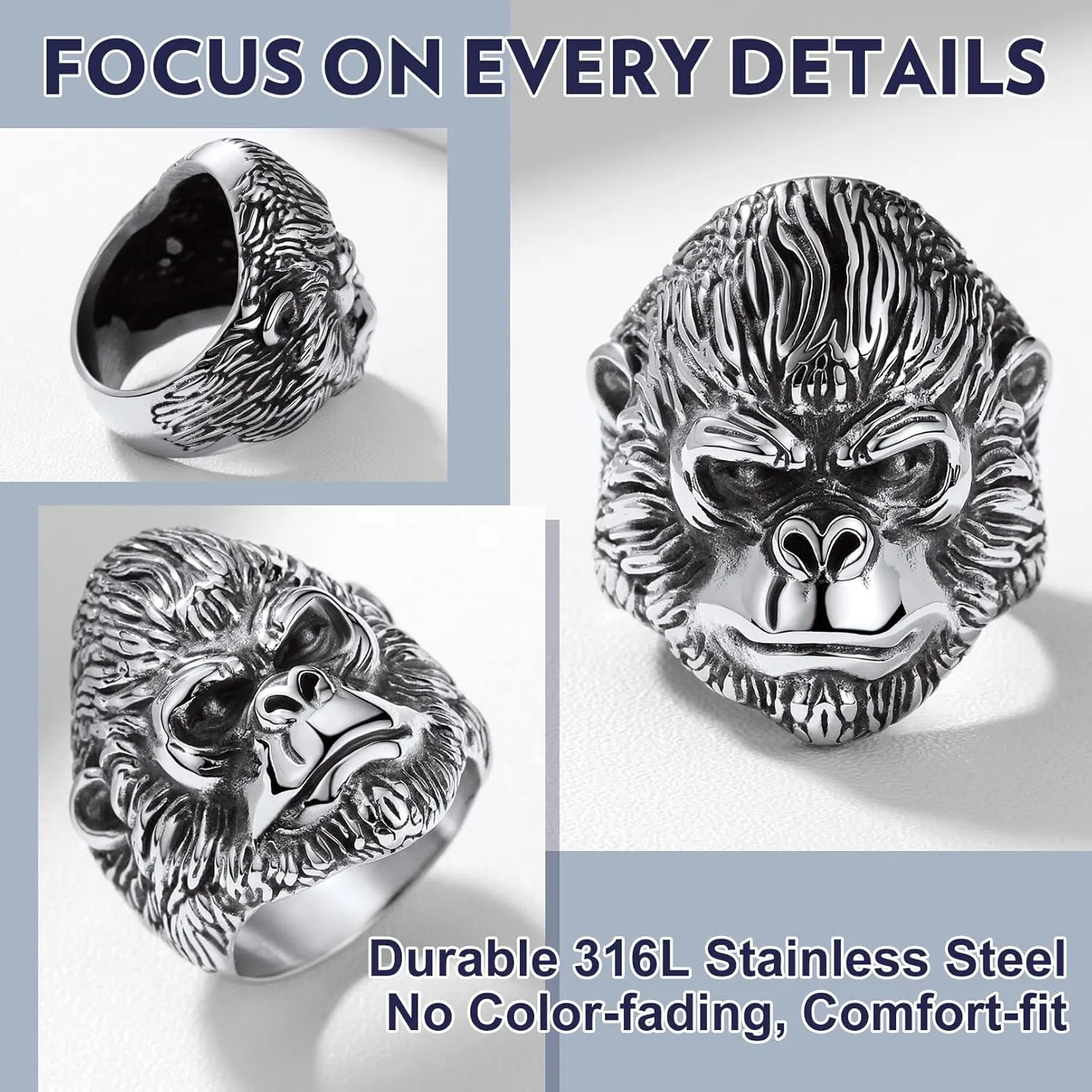 Bandmax Animal Rings for Men Women, Stainless Steel Retro Style Gorilla/Dragon/Snake/Plague Doctor Ring Gothic Punk Hip Hop Rings Size 7-14