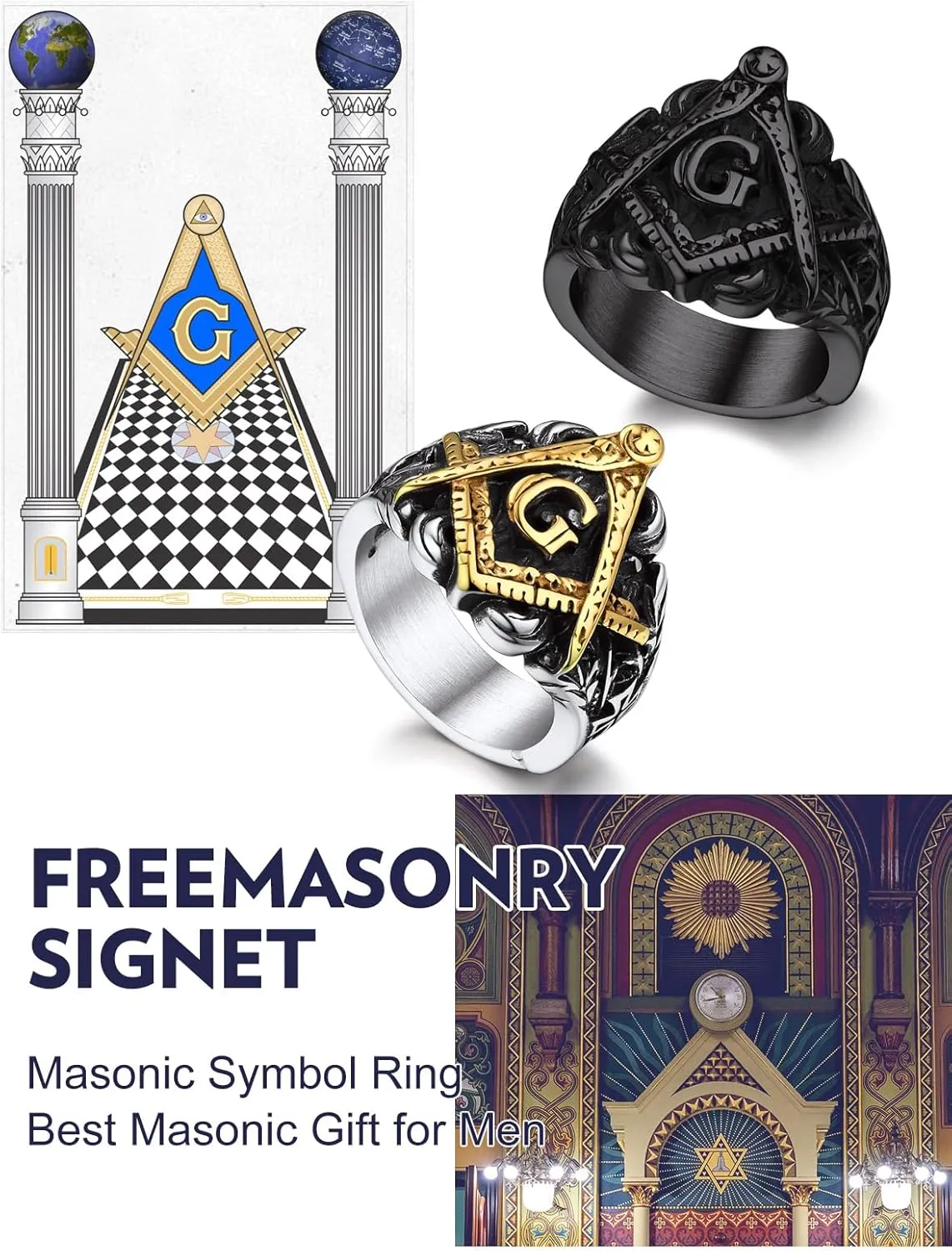 Bandmax Masonic Rings for Men, Stainless Steel Square/Round Shape Mens Signet Rings, Steel/Gold/Black Freemason Symbol Ring Size 7-14 Masonic Jewelry Gift
