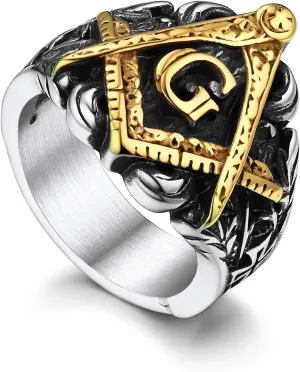 Bandmax Masonic Rings for Men, Stainless Steel Square/Round Shape Mens Signet Rings, Steel/Gold/Black Freemason Symbol Ring Size 7-14 Masonic Jewelry Gift