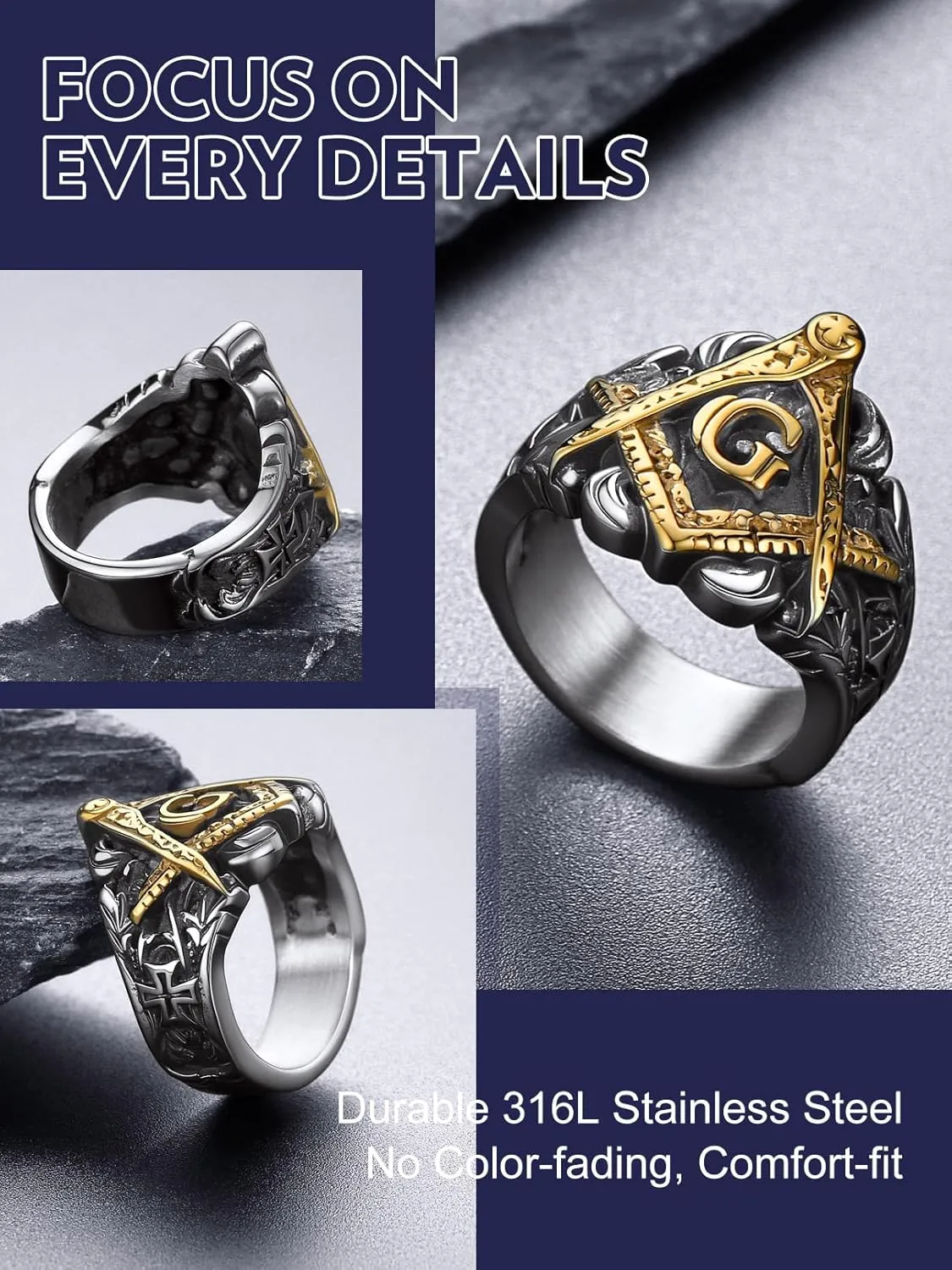 Bandmax Masonic Rings for Men, Stainless Steel Square/Round Shape Mens Signet Rings, Steel/Gold/Black Freemason Symbol Ring Size 7-14 Masonic Jewelry Gift