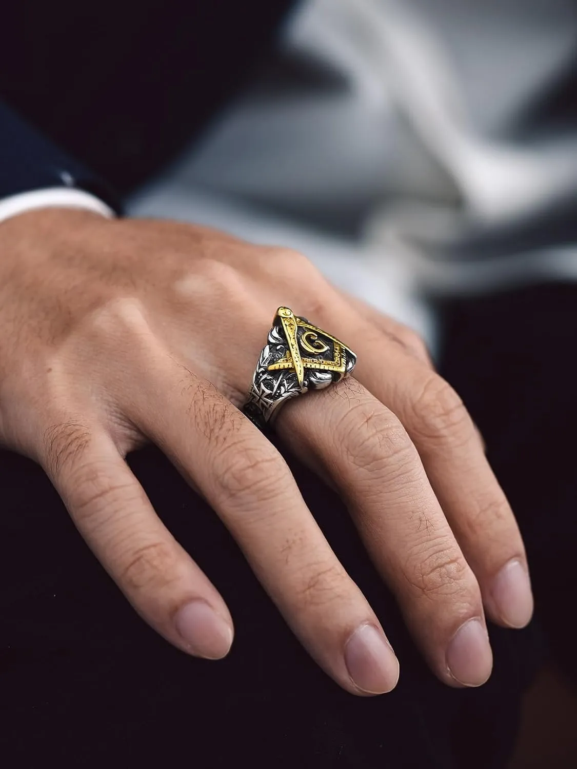 Bandmax Masonic Rings for Men, Stainless Steel Square/Round Shape Mens Signet Rings, Steel/Gold/Black Freemason Symbol Ring Size 7-14 Masonic Jewelry Gift