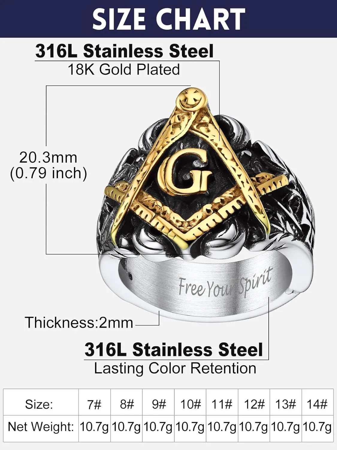 Bandmax Masonic Rings for Men, Stainless Steel Square/Round Shape Mens Signet Rings, Steel/Gold/Black Freemason Symbol Ring Size 7-14 Masonic Jewelry Gift