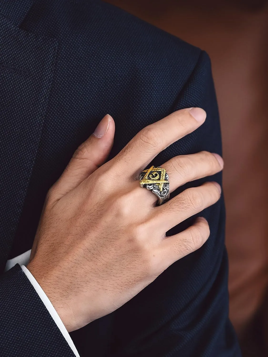 Bandmax Masonic Rings for Men, Stainless Steel Square/Round Shape Mens Signet Rings, Steel/Gold/Black Freemason Symbol Ring Size 7-14 Masonic Jewelry Gift