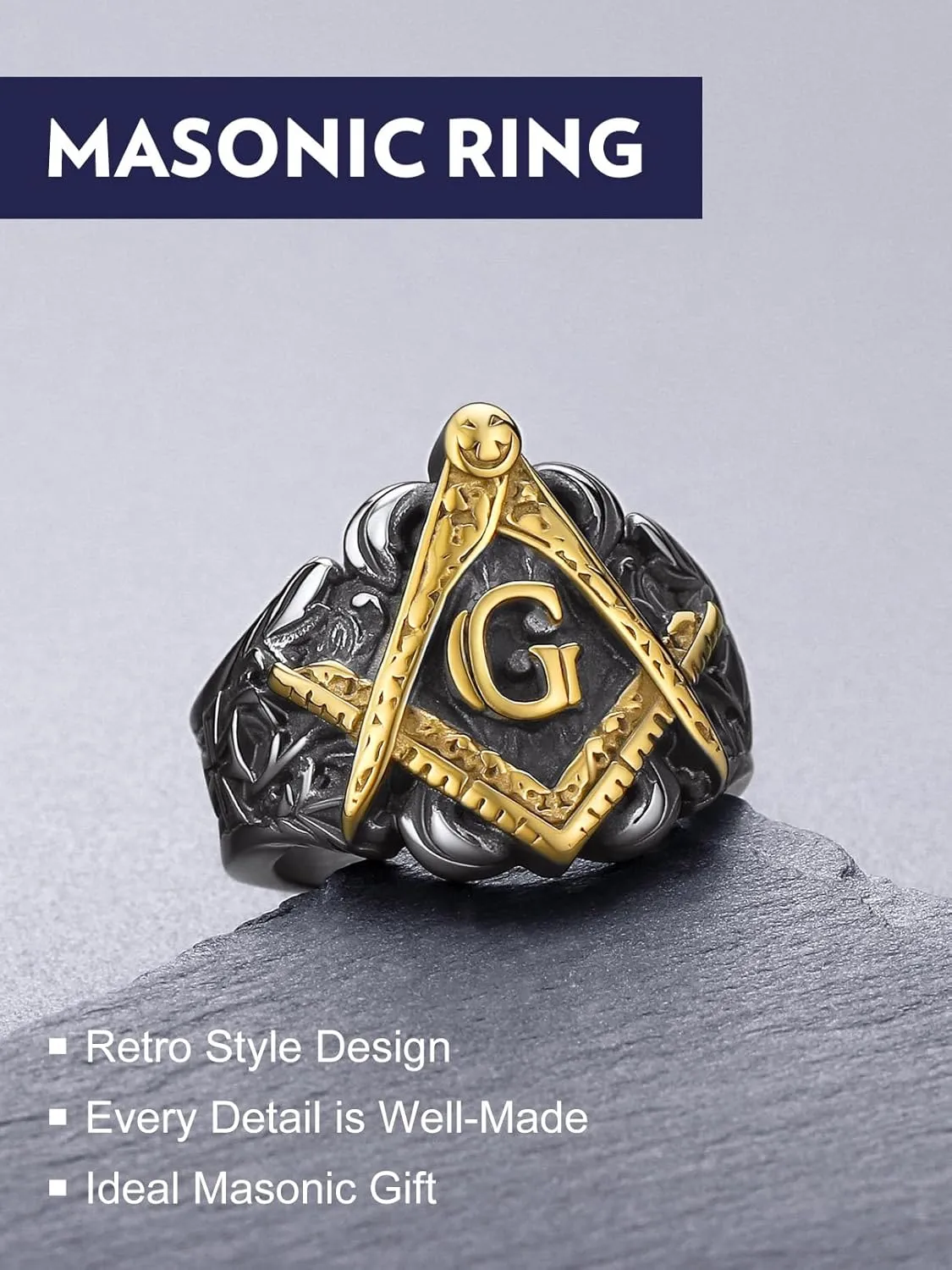 Bandmax Masonic Rings for Men, Stainless Steel Square/Round Shape Mens Signet Rings, Steel/Gold/Black Freemason Symbol Ring Size 7-14 Masonic Jewelry Gift